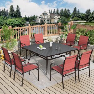 9-Piece Patio Dining Set, Outdoor Furniture Set with 8 Red Textilene Chairs and Large Square Table