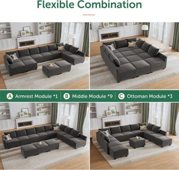 HONBAY Modular Sleeper Sofa Bed with Storage Seat Oversized Modular Sectional Sofa Couch Velvet Reversible Modular Sleeper Sectional Couch Bed for Living Room,Grey - Image 5