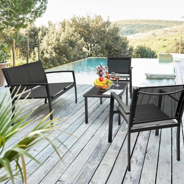 Flamaker 4 Pieces Outdoor Patio Furniture Textilene Modern Conversation Black Bistro Set with Loveseat Tea Table for Home, Lawn and Balcony - Image 6