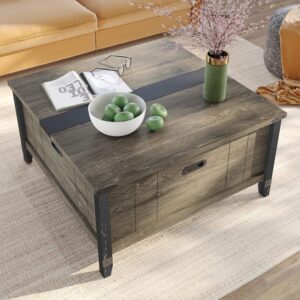 Bestier Square Coffee Table, 36 Inch Farmhouse Coffee Table with Large Hidden Storage Compartment, Wood Center Table Cocktail Table with Hinged Lift Top for Living Room Bedroom Home Office, Gray