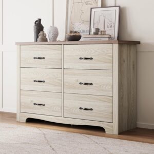 LINSY HOME 6 Drawers Dresser for Bedroom, Modern Wood Dresser Organizer, Closet Dresser Storage with Metal Handles, Large Bedroom Dresser, Oak White