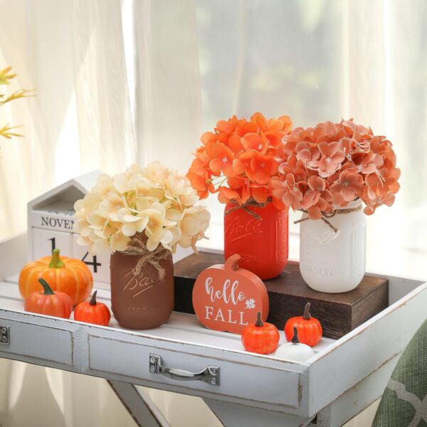 Fall Mason Jars, Fall Centerpiece Table Settings, Wood Tray with 3 Painted Jars, Dining Coffee Table Centerpiece For Kitchen Living Room Harvest Mason Jar Decor with Flowers, Thanksgiving Day - Image 5