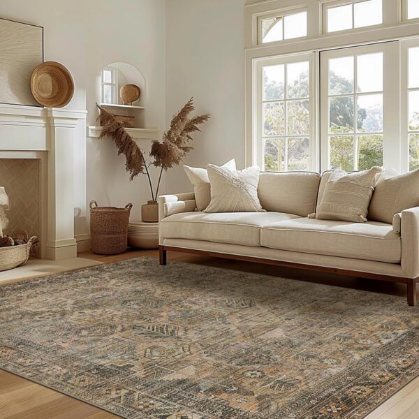 Area Rug 8x10 Machine Washable Vintage Distressed Print Ultra-Thin Chenille Bedroom Living Room Accent Rug, Low Pile Lightweight Non Slip with Gripper, Sage/Charcoal - Image 2