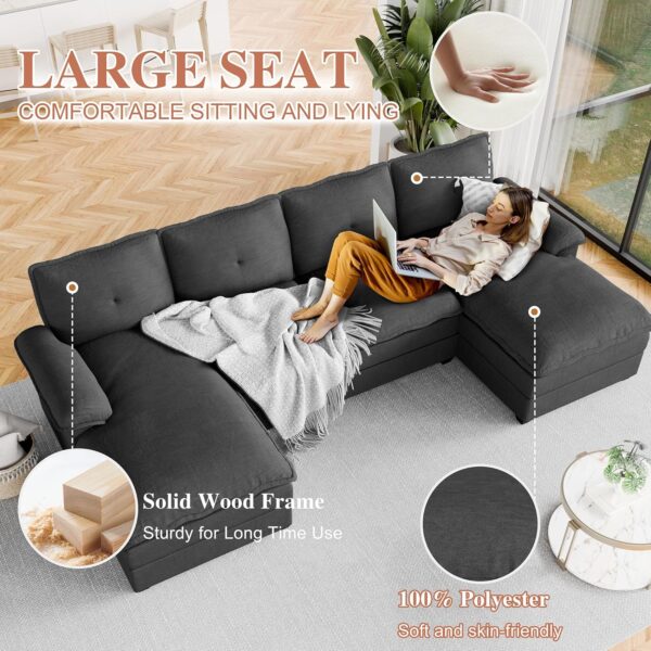 Meilocar Sectional Couches for Living Room, U Shaped Couch 110in Sectional Sofa, 4 Seat Large Sofa with Double Wide Chaise and Double Seating Cushions, Cloud Couch for Living Room (Black) - Image 4