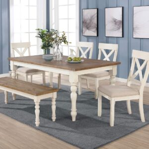 Roundhill Furniture Prato 6-Piece Dining Table Set with Cross Back Chairs and Bench, Antique White and Distressed Oak Finish