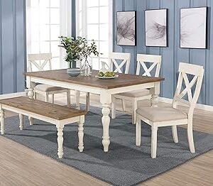 Roundhill Furniture Prato 6-Piece Dining Table Set with Cross Back Chairs and Bench, Antique White and Distressed Oak Finish