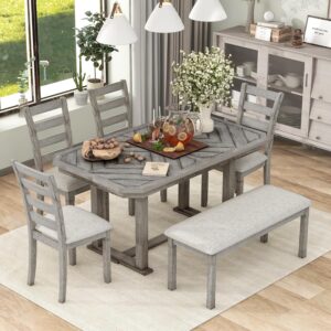 Merax 6-Piece Rubber Wood Dining Table Set with 4 Cushioned Chairs and Bench, Beautiful Wooden Grain Pattern Tabletop, Grey