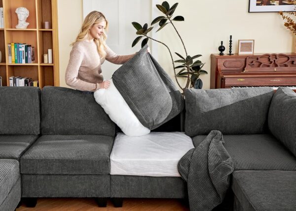 Nolany Sectional Couch with Storage Ottoman, Corduroy Modular Corner Sectional Sofa, U Shape Sectional Couches for Living Room, Dark Grey - Image 6
