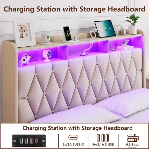 Full Size Bed Frame with 2 Storage Drawers, Upholstered Full Bed Frame with LED Lights Headboard and Charging Station, No Box Spring Needed, Easy Assembly- Beige - Image 4
