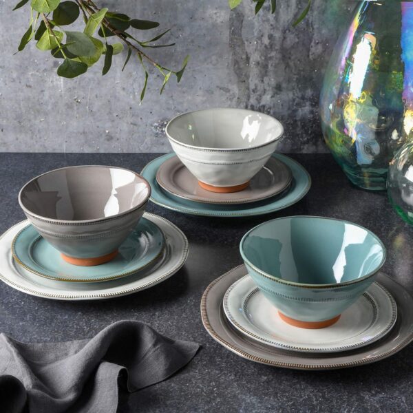 Gibson Elite Terranea Round Reactive Glaze Terra Cotta Dinnerware Set, Service for Four (12pcs), Grey - Image 7