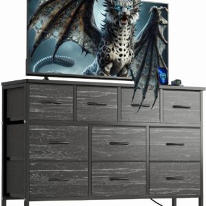 Dresser TV Stand with Power Outlet, 43" Long Dresser for Bedroom with 10 Fabric Drawers, Chest of Drawers for Living Room, Hallway (Black Wood Veins)