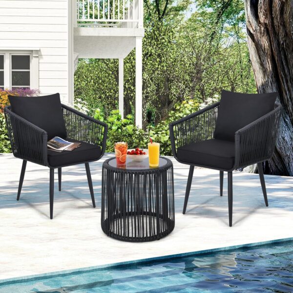 Kromax 3 Pieces Patio Rattan Bistro Conversation Set, Outdoor All-Weather Wicker Furniture Chairs and Side Table Set Ideal for Balcony, Porch and Backyard, Black - Image 2
