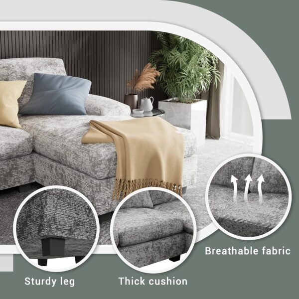 Furniwell Convertible Sectional Sofa Couch, 4 Seat Sofa Set for Living Room U-Shaped Modern Fabric Modular Sofa Sleeper with Double Chaise & Memory Foam (Fabric, Grey) - Image 4