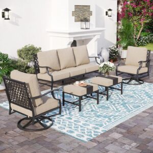 Patio Furniture Set, Modern Metal Outdoor Patio Furniture, 3 Seater Sofa, 2 Swivel Chairs, 2 Ottomans and 5.75" Extra Thick Cushion, Patio Conversation Set for Garden Backyard Deck