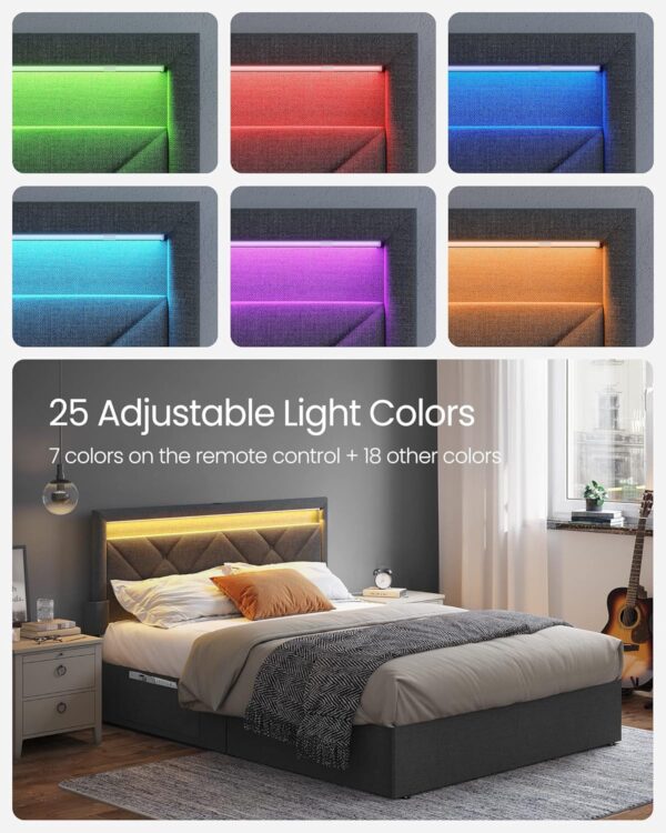 VASAGLE LED Bed Frame Full Size with Headboard and 4 Drawers, 1 USB Port and 1 Type C Port, Adjustable Upholstered Headboard, No Box Spring Needed, Dark Grey URMB822G71 - Image 3
