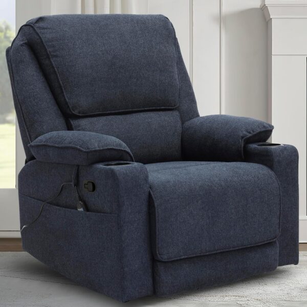 Swivel Glider Recliner Chair for Adults,Manual Recliner with Massage and Heat, Linen Cotton Fabric Ergonomic Lounge Chair with Cup Holder for Living Room, Bedroom, Nursery, Navy Blue