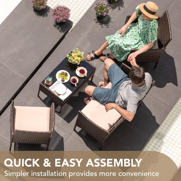 Devoko 4 Pieces Outdoor Patio Furniture Set, PE Rattan Wicker Chairs Balcony Lawn Porch Patio Furniture Sets with Beige Cushion and Table (Brown) - Image 6