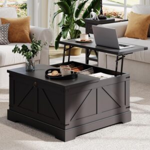 ChooChoo Farmhouse Coffee Table with Hidden Storage, Large Square Center Coffee Table with Lifting Top and Flip Drawer, Wood Rustic Cocktail Coffee Table for Living Room, Black