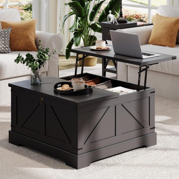 ChooChoo Farmhouse Coffee Table with Hidden Storage, Large Square Center Coffee Table with Lifting Top and Flip Drawer, Wood Rustic Cocktail Coffee Table for Living Room, Black