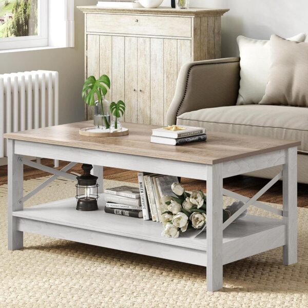 YITAHOME Coffee Table for Living Room,Modern Farmhouse Coffee Table with Storage,2-Tier Center Table for Living Room Wood Living Room Table Accent Cocktail with Sturdy Frame,Grey Wash - Image 3