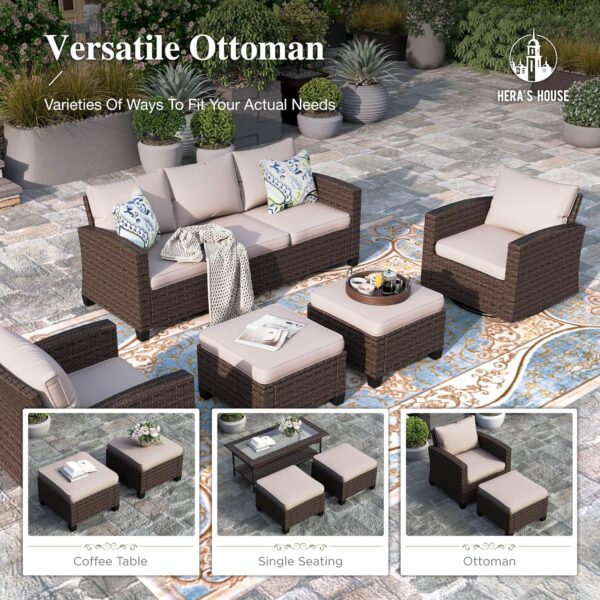HERA'S HOUSE Wicker Patio Furniture Set with Swivel Rocker Glide Chairs, Outdoor Conversation Sectional Set with Ottomans for Backyard Deck Porch, Beige - Image 7
