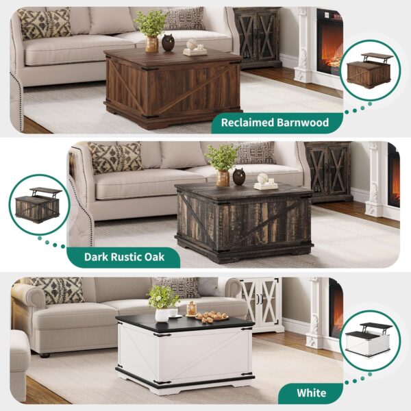 YITAHOME Farmhouse Lift Top Coffee Table, Square Wood Center Table with Large Hidden Storage Compartment for Living Room, Rustic Cocktail Table with Lift Top for Home Office,White - Image 7