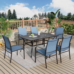 Outdoor Table and Chairs, Patio Dining Sets for 6 with Blue Chairs and Metal Rectangular Table for Deck Backyard Lawn Poolside