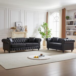 Harper & Bright Designs 2-Piece Tech Fabric Upholstered Living Room Sofa Set, Including 3-Seater Sofa and Loveseat with Button and Copper Nail on Arms, Four Pillows Included, Brown