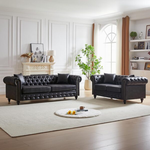 Harper & Bright Designs 2-Piece Tech Fabric Upholstered Living Room Sofa Set, Including 3-Seater Sofa and Loveseat with Button and Copper Nail on Arms, Four Pillows Included, Brown