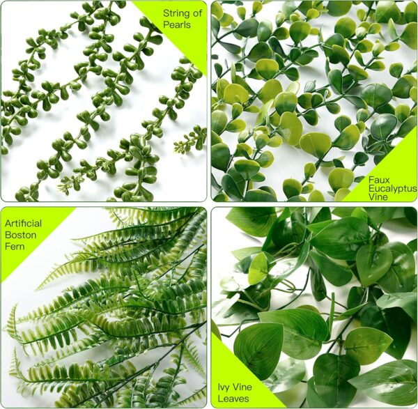 Sggvecsy Fake Hanging Plants 6 Pack Artificial Hanging Eucalyptus Plants Potted Greenery Faux Mandala Vine String of Pearls Boston Fern Ivy Vine Leaves Pea Pod for Home Indoor Outdoor Shelf Wall Decor - Image 6