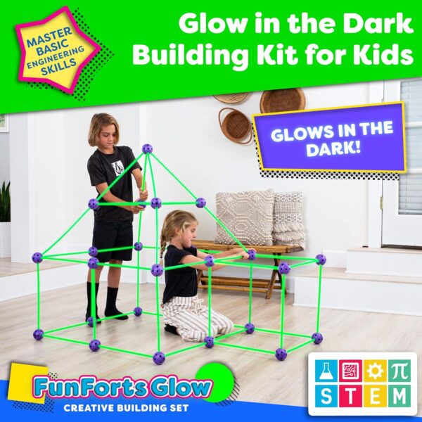 Fun Forts Glow Fort Building Kit for Kids - 81 Pack Glow in The Dark STEM Building Toys Indoor Outdoor Play Tent for Kids Construction Toys with 53 Rods and 28 Spheres - Image 2