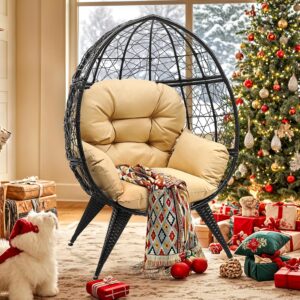 YITAHOME Egg Chair with Stand Outdoor Indoor Egg Lounge Chair with Cushion Wicker Chair PE Rattan Chair Included for Patio, Garden, Backyard, Porch, Beige