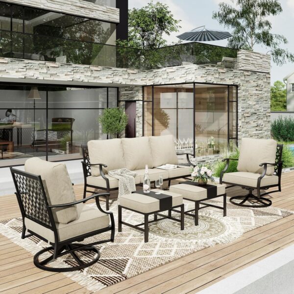 HERA'S HOUSE 5 Piece Patio Furniture Set, 2 x Swivel Chair, 2 x Ottoman, 1 x 3-Seat Sofa, All Cushioned 7 Seats Outdoor Conversation Set for Lawn Garden Backyard
