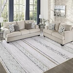 8x10 Area Rugs for Living Room Bedroom: Large Machine Washable Rug with Non-Slip Backing Non Shedding Stain Resistant, Soft Geometric Moroccan Carpet for Dining Room Nursery Home Office - Brown/Ivory