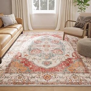 5x7 Area Rugs Machine Washable 5x7 Rug Low Pile Carpet No Shedding Area Rugs for Living Room Bedroom Dining Room Kitchen Entrance Indoor-Brick/Pink