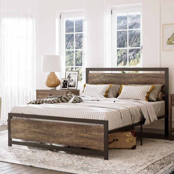LIKIMIO Full Bed Frame with Headboard and Footboard, Metal Strong Supports, Easy Assembly, Noise-Free, No Box Spring Needed, Walnut