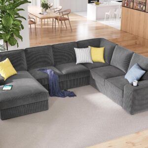112 inch Sectional Sofa, Oversized Sofa with Storage Chaise, U Shaped Sofa Couch with USB Ports, Corduroy Couch—Grey