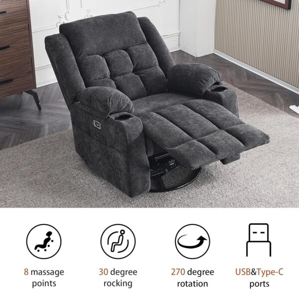 Power Swivel Rocker Recliner Massage Chair, USB and Type-C Ports, Electric Recliner Glider Reading Chairs Living Room, Upholstered Soft Fabric Reclining Sofa Chair (Dark Grey) - Image 7
