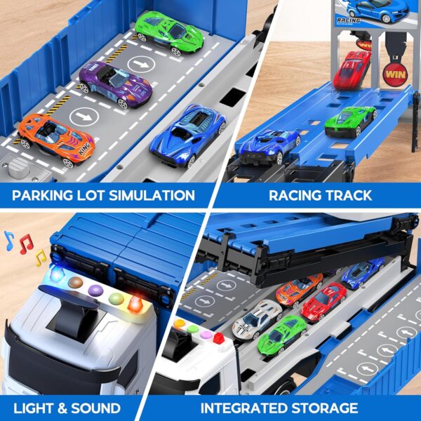 Carrier Truck Race Track Toddlers Toys, Foldable 3 Layer Car Race Track Playset, Toy Truck Transport Car Carrier & 8 Race Cars, Truck Car Kids Toys Xmas Gifts for Age 3 4 5 6+ Years Old Boys Girls - Image 4