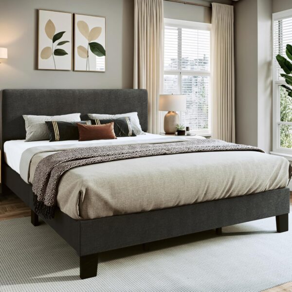 King Bed Frame with Adjustable Headboard Upholstered Bed Frame Platform Linen Fabric Headboard Wooden Slats Support/No Box Spring Needed/Easy Assembly/Mattress Foundation, Grey - Image 3