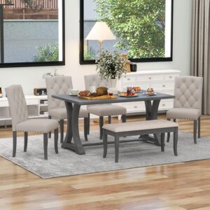 6-Piece Dining Table Set for 6 Rectangular Kitchen Table Set with 4 Upholstered Chairs & Bench Farmhouse Dining Room Set with Trestle Table Legs for Dining Room, Kitchen (Antique Grey)