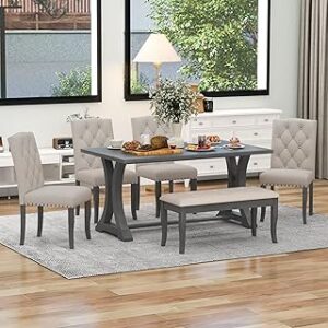 RITSU 6-Piece Rectangular Dining Table Set with 4 Tufted Button Chairs and Bench, MDF Frame Edges with Copper Nail Trim, Suitable for Living Room, Apartment, Gray