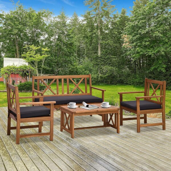 Outsunny 4 Piece Acacia Wood Outdoor Patio Furniture Set with 2 Armchairs, 1 Sofa, & 1 Coffee Table, Cushions Included - Image 2