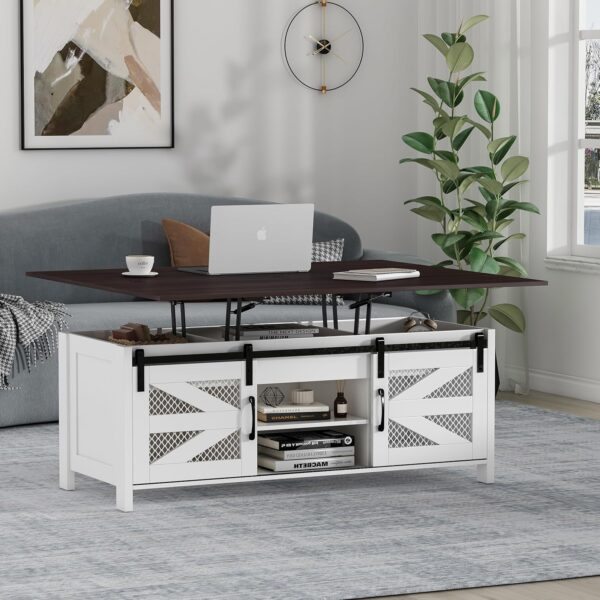 wanan 47.2" Lift Top Coffee Table, 4 in 1 Farmhouse Coffee Table with Sliding Barn Doors, Coffee Tables for Living Room, Dining Room (Grey) - Image 2