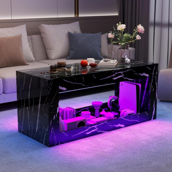 47inch Large High-Glossy LED Coffee Table, Living Room Storage Tables with Large Display Storage, Modern Stylish Center Rectangle Tables with Marbling Print and LED Lights, Black
