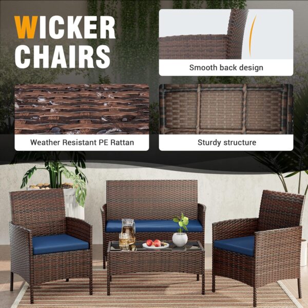 UDPATIO Patio Furniture 4 Pieces Outdoor Wicker Rattan Chair Balcony Conversation Sets Porch Furniture Sectional Loveseat w Cushions and Table for Backyard Pool Garden (Brown-Blue) - Image 7