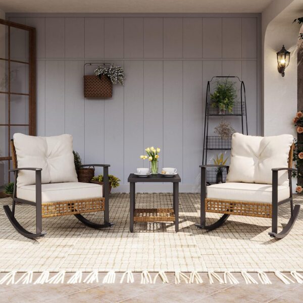 LAUSAINT HOME 3 Pieces Rocking Bistro Set, Outdoor Patio Furniture Set with Thick Cushions and 2-Tier Coffee Table, Oversize Rattan Conversation Sets for Garden, Balcony, Backyard (Beige)