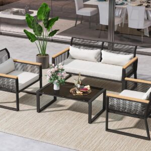 YITAHOME 4-Piece Patio Furniture Wicker Outdoor Bistro Set, All-Weather Rattan Loveseat Conversation Set with Wooden Armrests, Metal Side Table, and Gray Cushions for Backyard, Balcony, Deck - Black