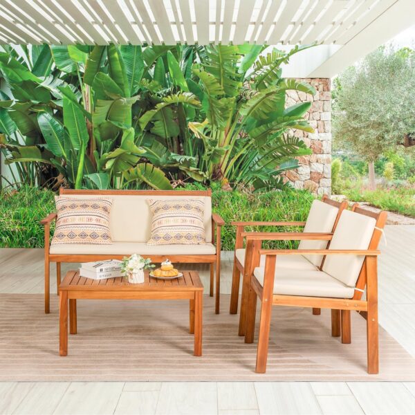 Greesum 4 Piece Bistro Patio Furniture Outdoor Chat Chair Set with Water Resistant Cushions and Coffee Table for Beach Backyard Garden, Acacia Wood - Image 3