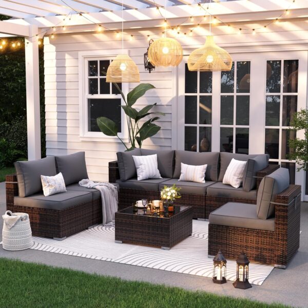 Patio Furniture Set, 7-Piece Outdoor Sectional with Waterproof Cover, All-Weather Wicker Patio Conversation Sets for Backyard (Brown with Grey Cushion) - Image 2